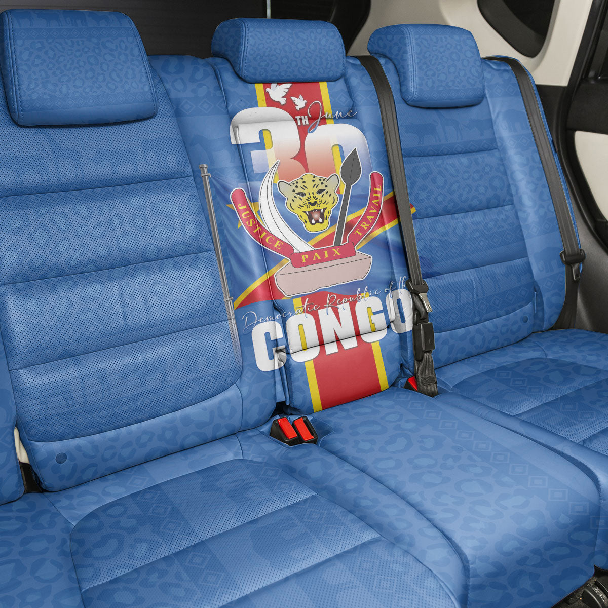 DR Congo Independence Day Back Car Seat Cover Leopard Pattern With Coat Of Arms