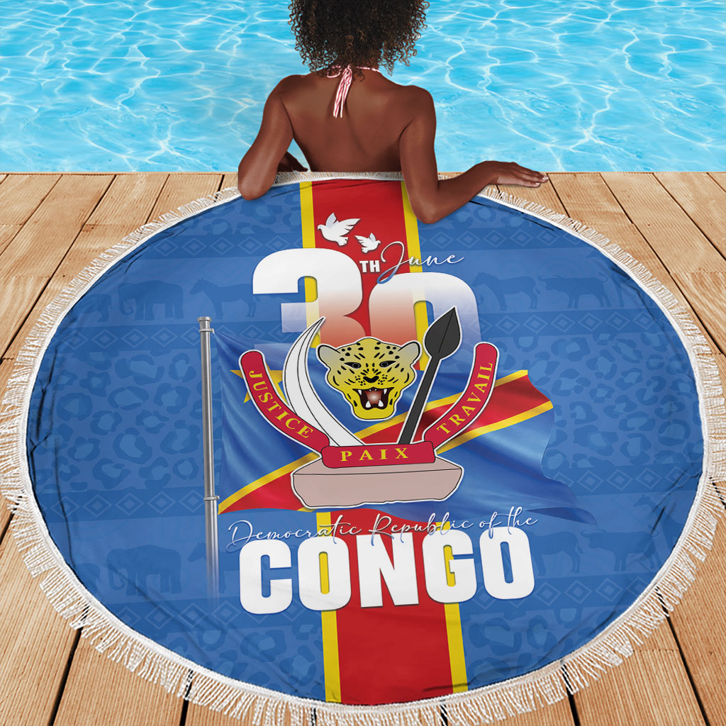 DR Congo Independence Day Beach Blanket Leopard Pattern With Coat Of Arms