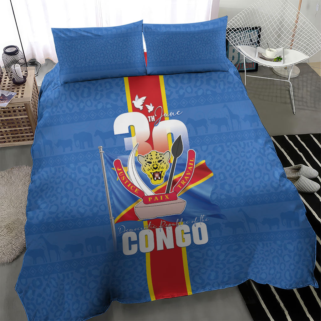 DR Congo Independence Day Bedding Set Leopard Pattern With Coat Of Arms