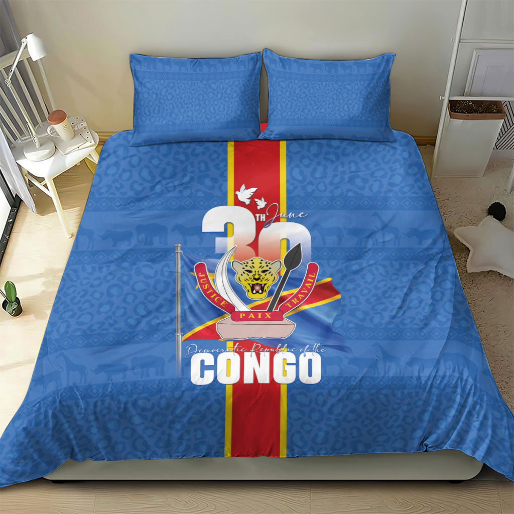 DR Congo Independence Day Bedding Set Leopard Pattern With Coat Of Arms
