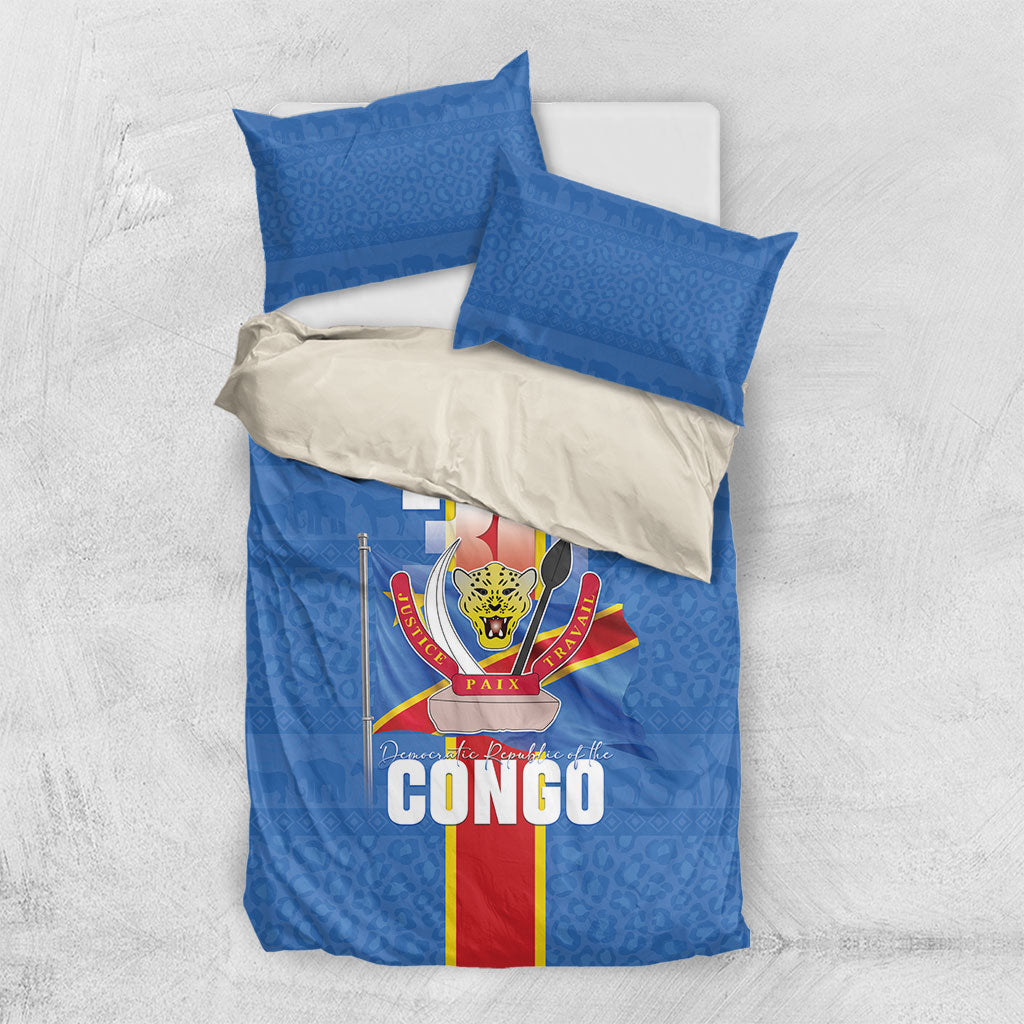 DR Congo Independence Day Bedding Set Leopard Pattern With Coat Of Arms