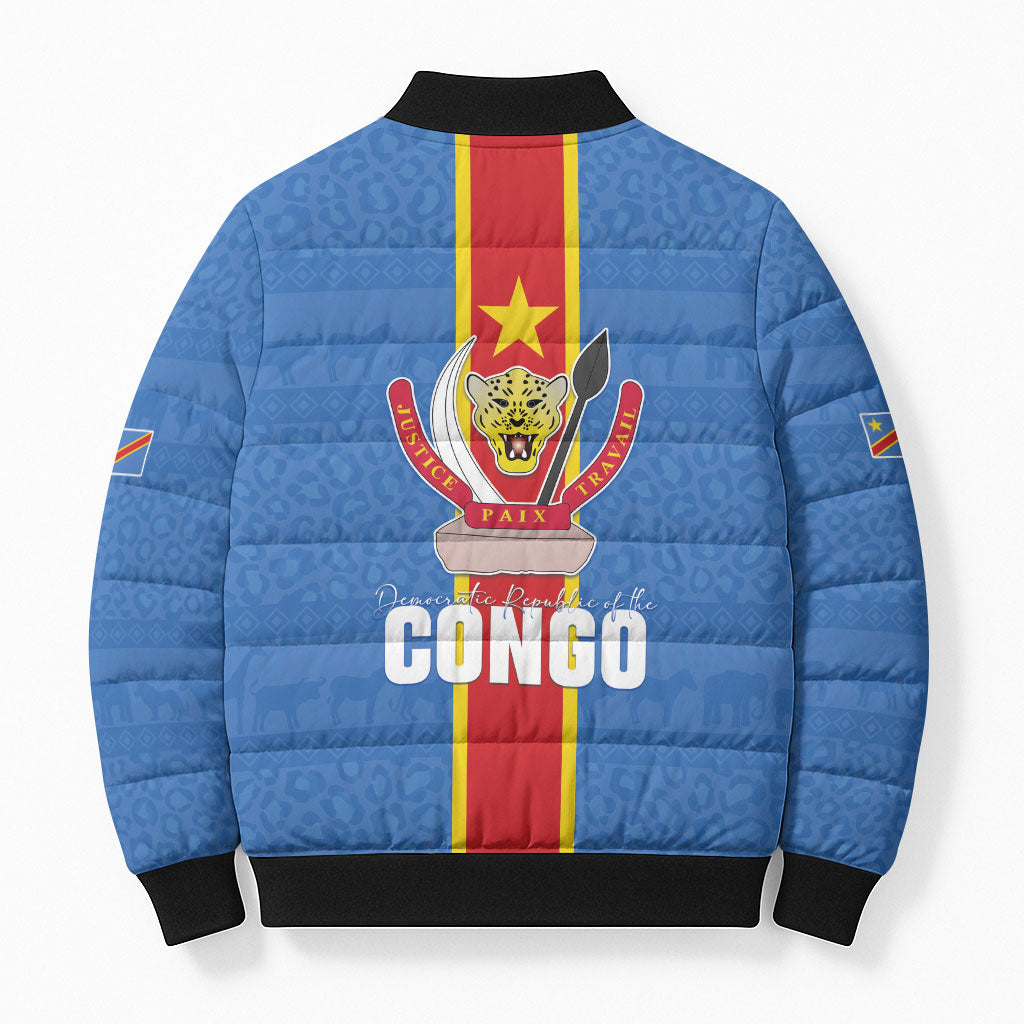 DR Congo Independence Day Bomber Puffer Jacket Leopard Pattern With Coat Of Arms