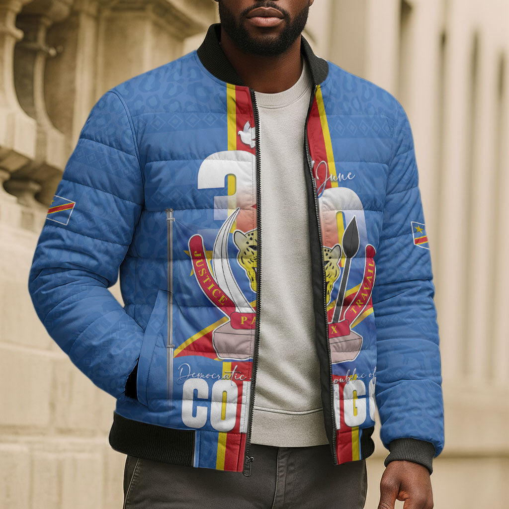 DR Congo Independence Day Bomber Puffer Jacket Leopard Pattern With Coat Of Arms