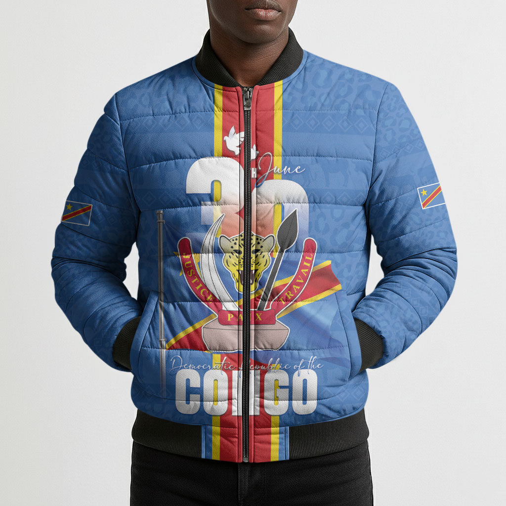 DR Congo Independence Day Bomber Puffer Jacket Leopard Pattern With Coat Of Arms