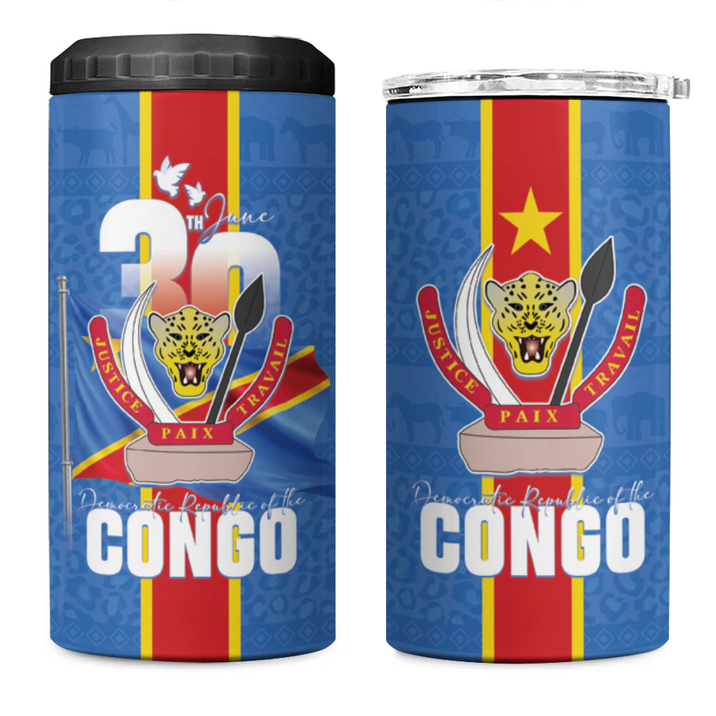DR Congo Independence Day 4 in 1 Can Cooler Tumbler Leopard Pattern With Coat Of Arms