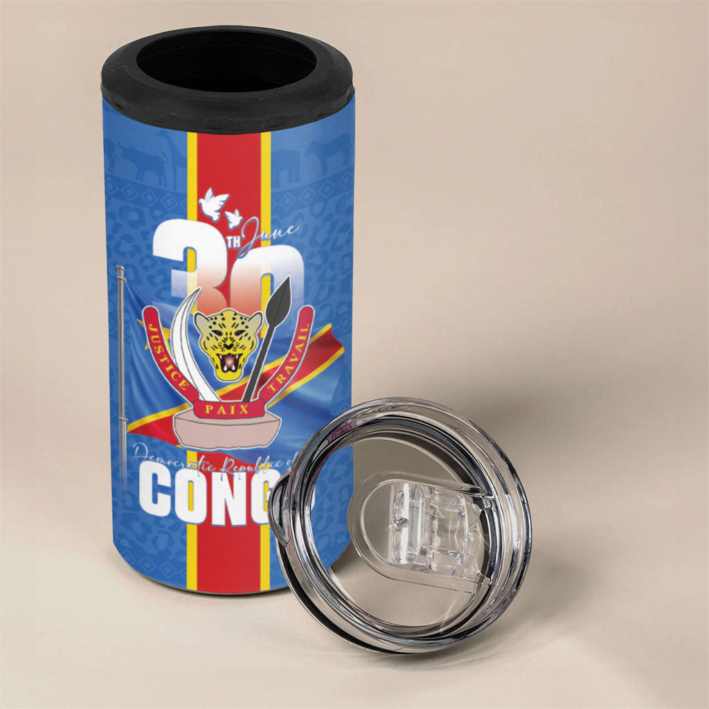 DR Congo Independence Day 4 in 1 Can Cooler Tumbler Leopard Pattern With Coat Of Arms