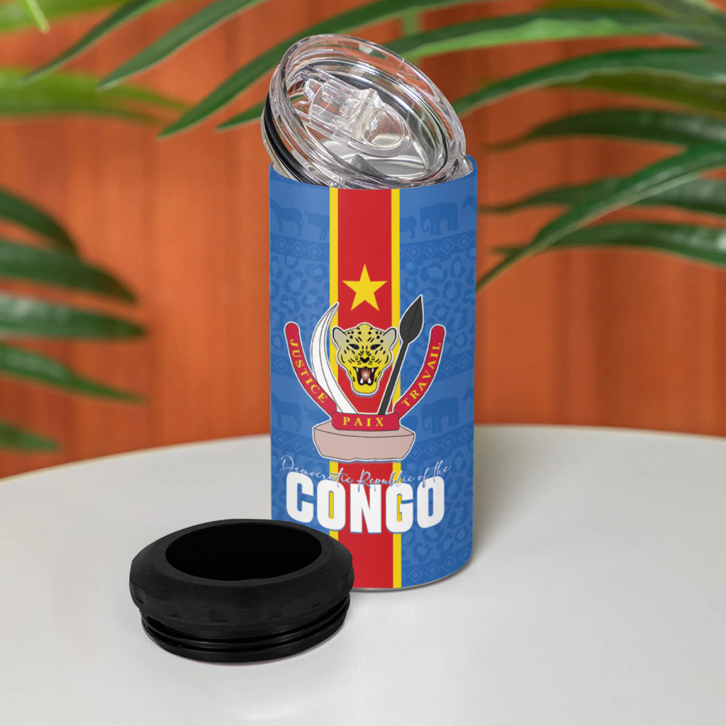 DR Congo Independence Day 4 in 1 Can Cooler Tumbler Leopard Pattern With Coat Of Arms