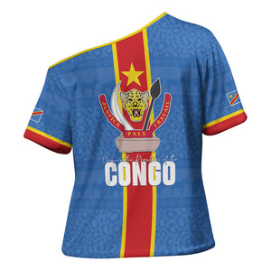 DR Congo Independence Day Cross Shoulder Shirt Leopard Pattern With Coat Of Arms