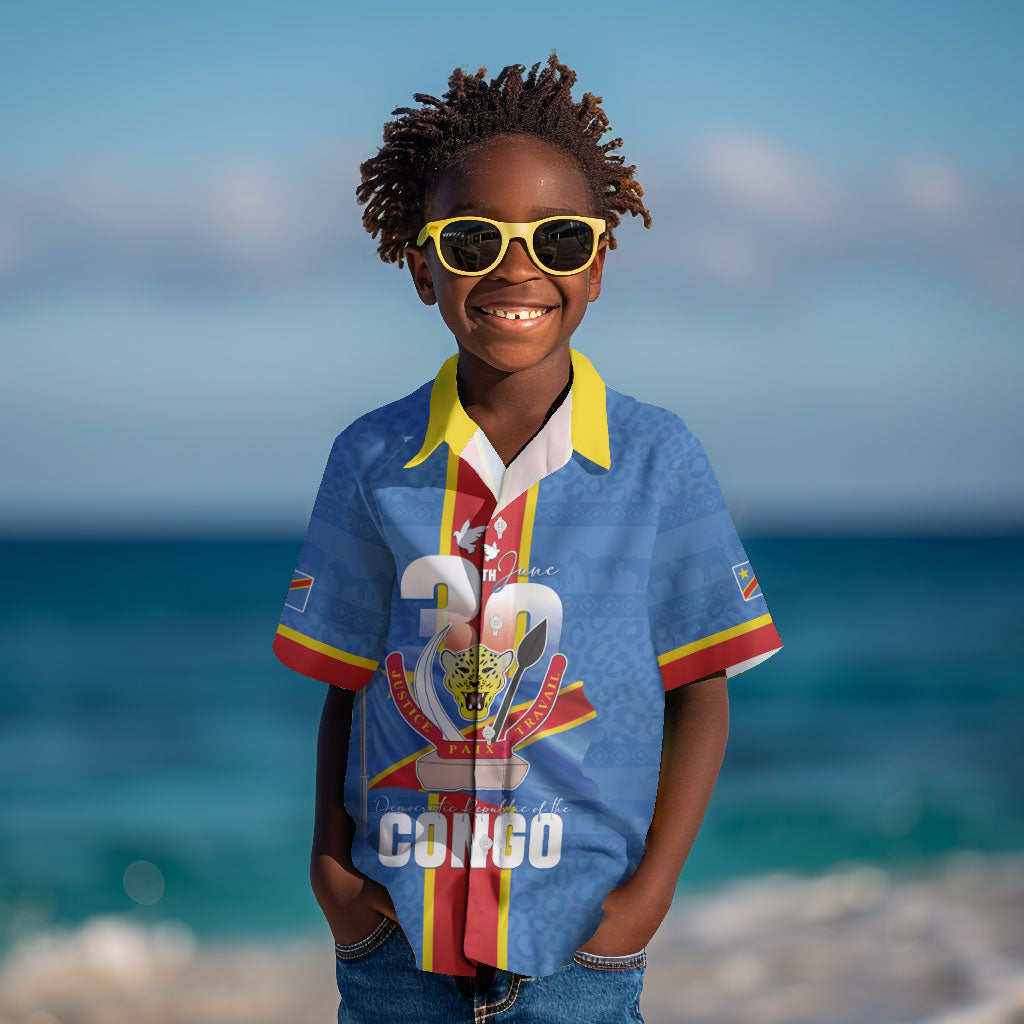DR Congo Independence Day Kid Hawaiian Shirt Leopard Pattern With Coat Of Arms