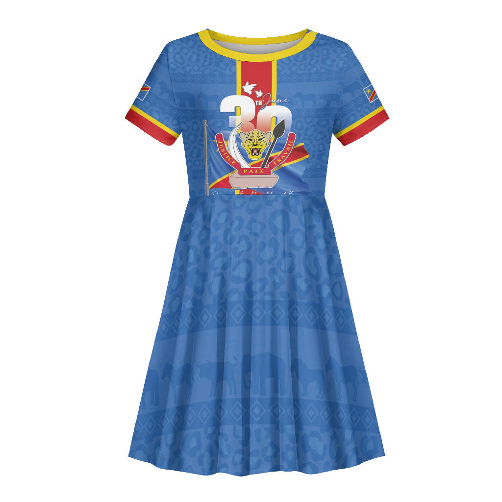 DR Congo Independence Day Kid Short Sleeve Dress Leopard Pattern With Coat Of Arms