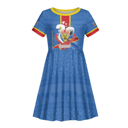 DR Congo Independence Day Kid Short Sleeve Dress Leopard Pattern With Coat Of Arms