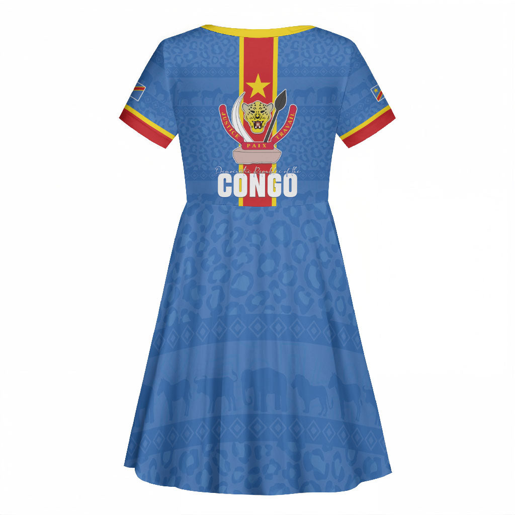 DR Congo Independence Day Kid Short Sleeve Dress Leopard Pattern With Coat Of Arms