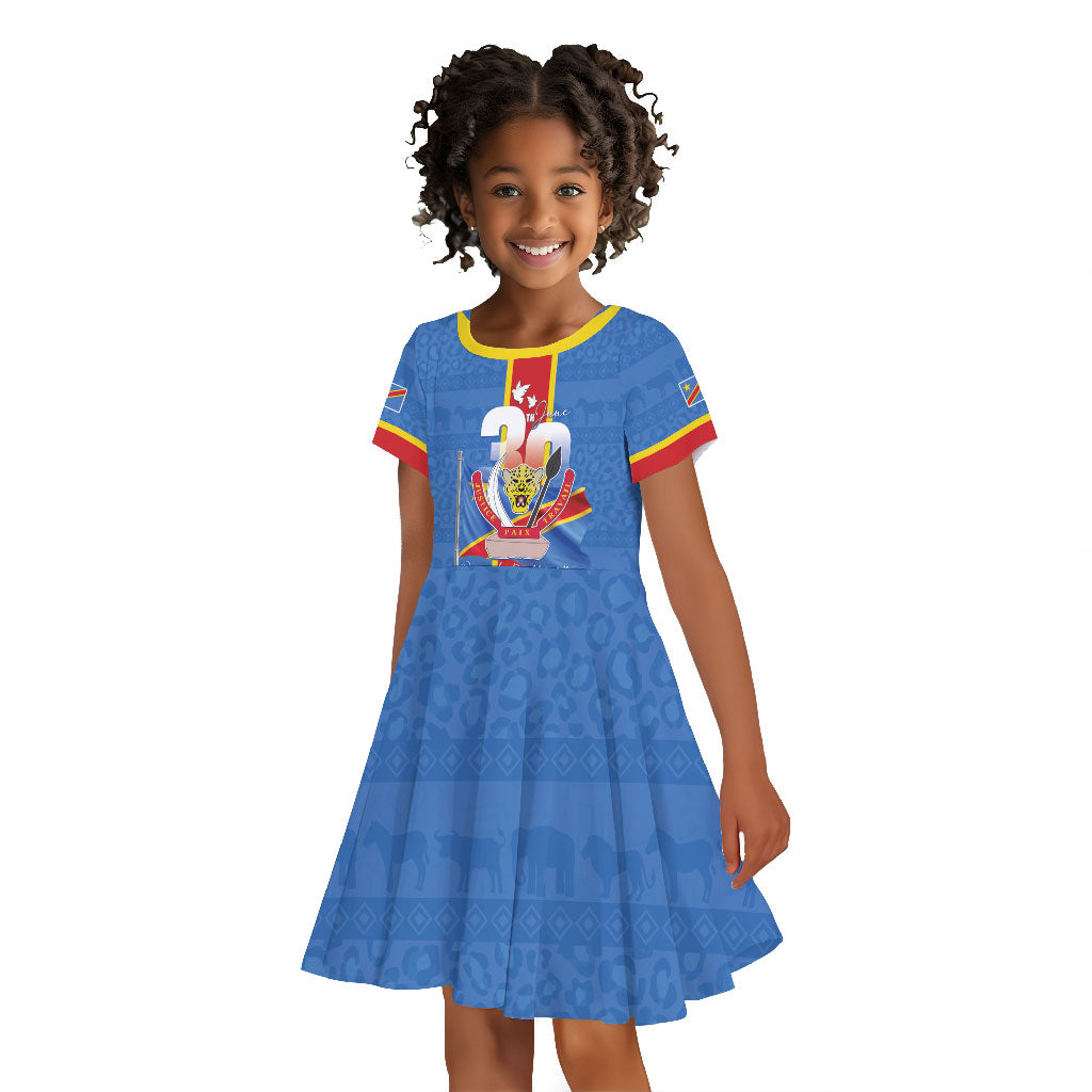DR Congo Independence Day Kid Short Sleeve Dress Leopard Pattern With Coat Of Arms