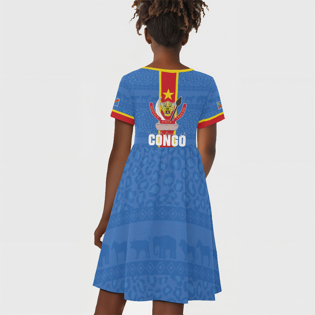 DR Congo Independence Day Kid Short Sleeve Dress Leopard Pattern With Coat Of Arms