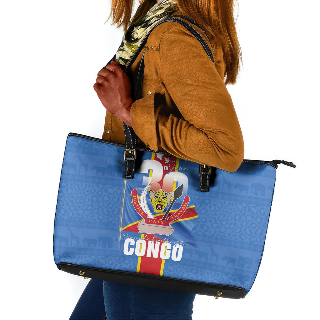 DR Congo Independence Day Leather Tote Bag Leopard Pattern With Coat Of Arms