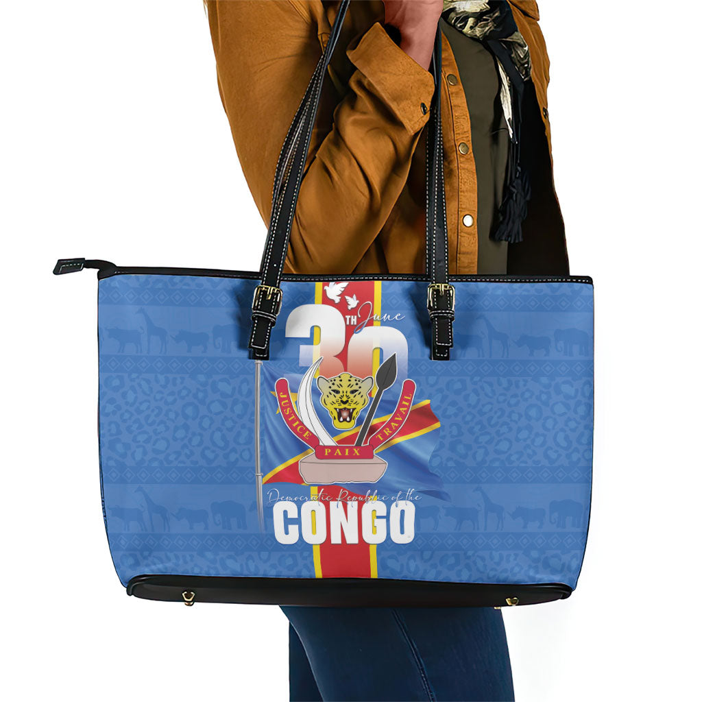 DR Congo Independence Day Leather Tote Bag Leopard Pattern With Coat Of Arms
