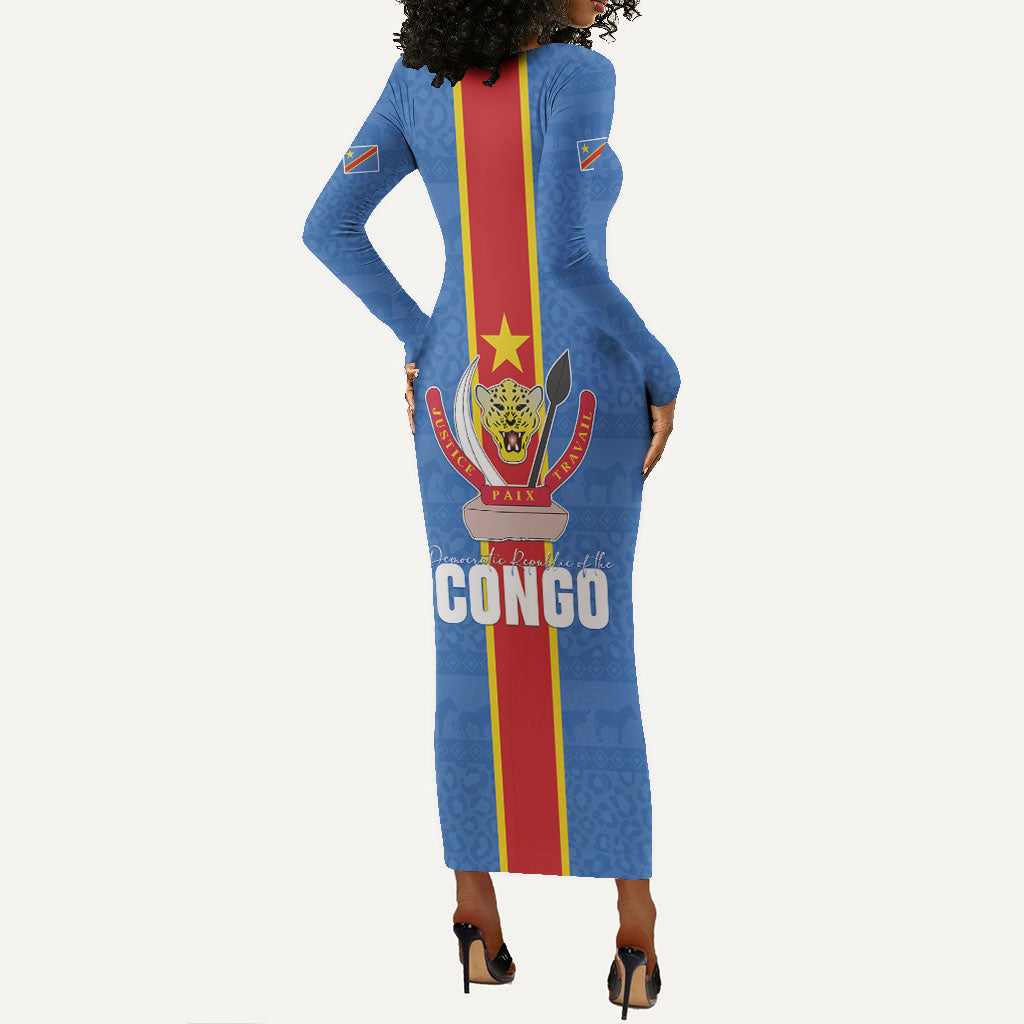 DR Congo Independence Day Long Sleeve Bodycon Dress Leopard Pattern With Coat Of Arms