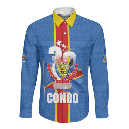 DR Congo Independence Day Long Sleeve Button Shirt Leopard Pattern With Coat Of Arms