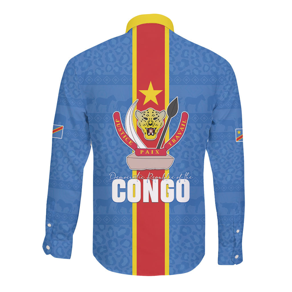 DR Congo Independence Day Long Sleeve Button Shirt Leopard Pattern With Coat Of Arms