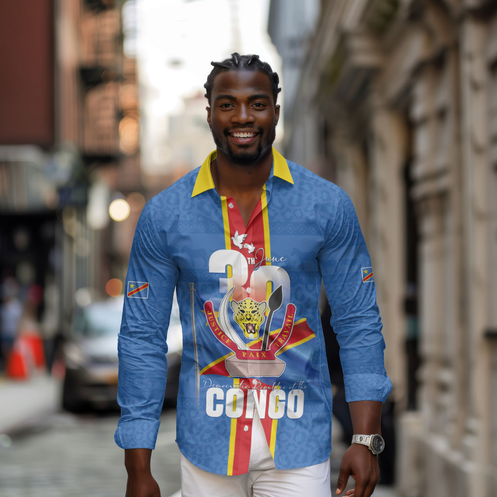 DR Congo Independence Day Long Sleeve Button Shirt Leopard Pattern With Coat Of Arms