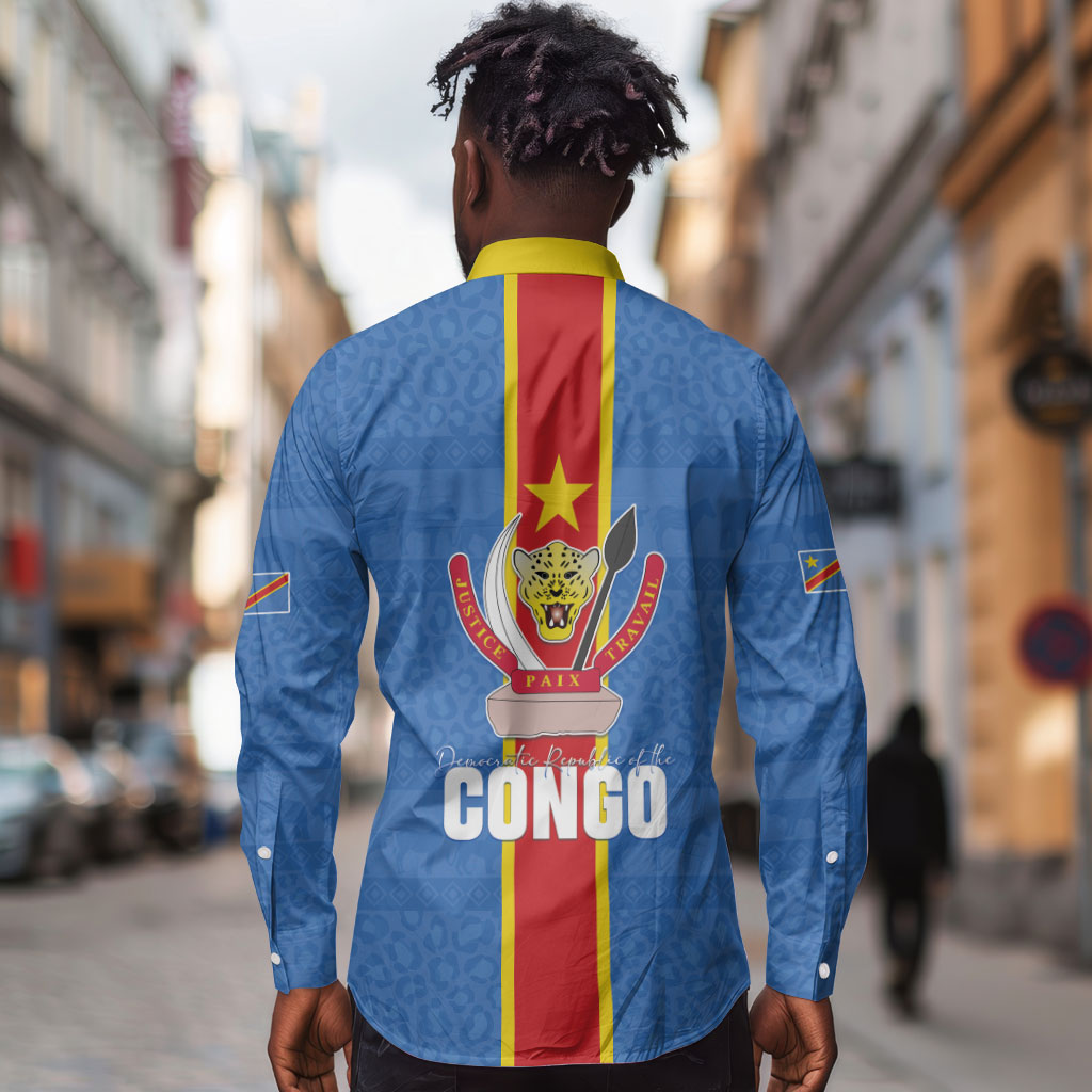 DR Congo Independence Day Long Sleeve Button Shirt Leopard Pattern With Coat Of Arms