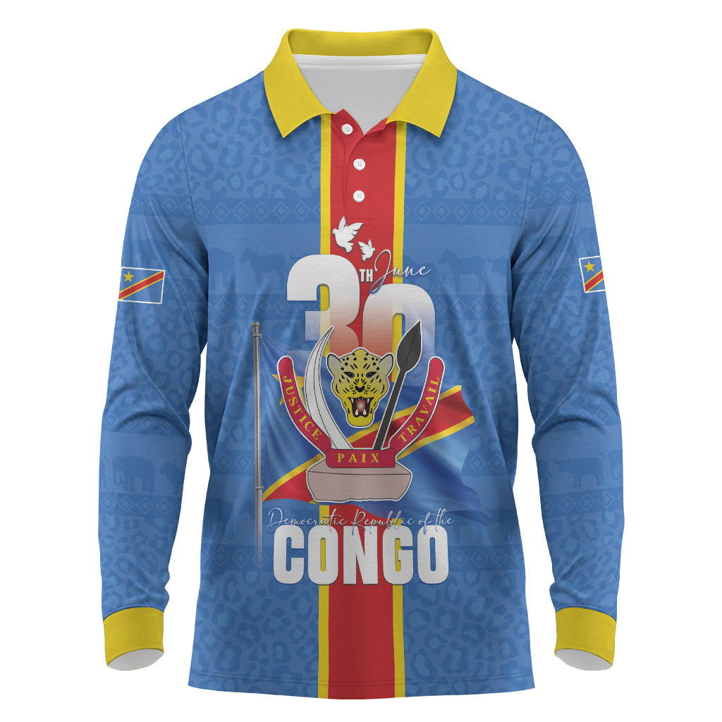 DR Congo Independence Day Long Sleeve Polo Shirt Leopard Pattern With Coat Of Arms