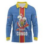 DR Congo Independence Day Long Sleeve Polo Shirt Leopard Pattern With Coat Of Arms