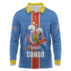 DR Congo Independence Day Long Sleeve Polo Shirt Leopard Pattern With Coat Of Arms