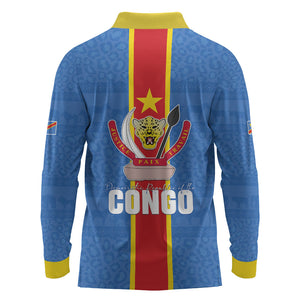 DR Congo Independence Day Long Sleeve Polo Shirt Leopard Pattern With Coat Of Arms