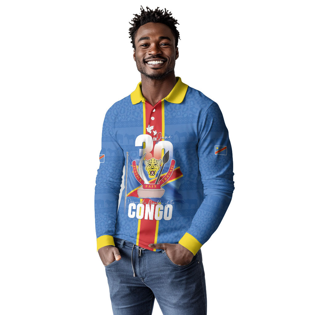 DR Congo Independence Day Long Sleeve Polo Shirt Leopard Pattern With Coat Of Arms