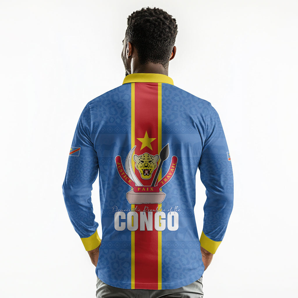 DR Congo Independence Day Long Sleeve Polo Shirt Leopard Pattern With Coat Of Arms