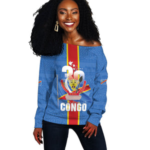 DR Congo Independence Day Off Shoulder Sweater Leopard Pattern With Coat Of Arms
