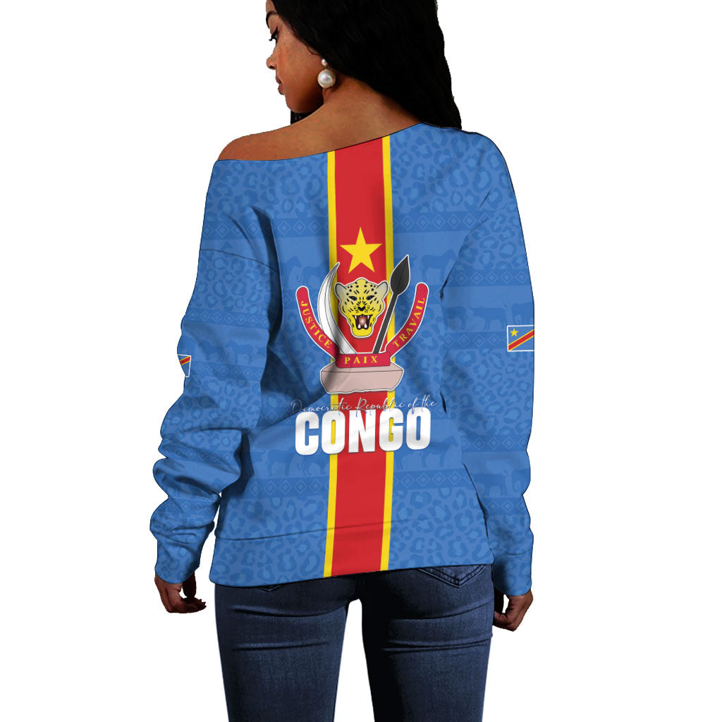 DR Congo Independence Day Off Shoulder Sweater Leopard Pattern With Coat Of Arms