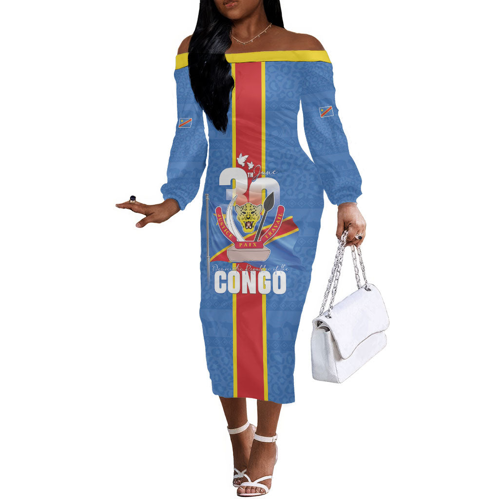 DR Congo Independence Day Off The Shoulder Long Sleeve Dress Leopard Pattern With Coat Of Arms