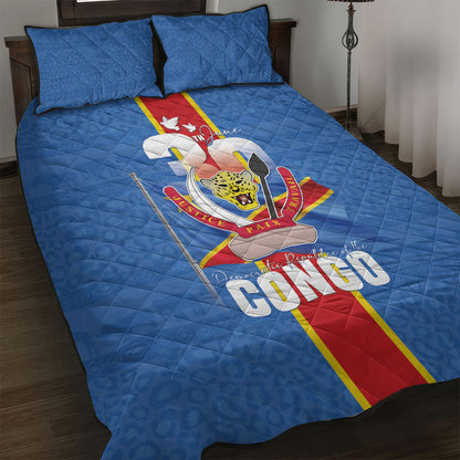 DR Congo Independence Day Quilt Bed Set Leopard Pattern With Coat Of Arms