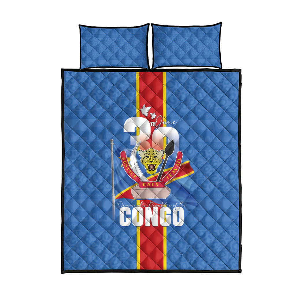 DR Congo Independence Day Quilt Bed Set Leopard Pattern With Coat Of Arms