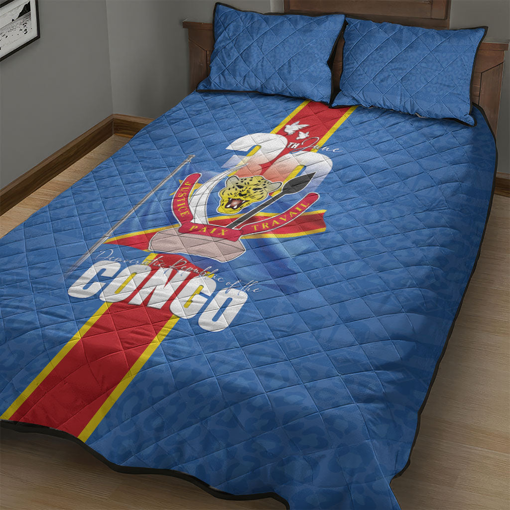 DR Congo Independence Day Quilt Bed Set Leopard Pattern With Coat Of Arms