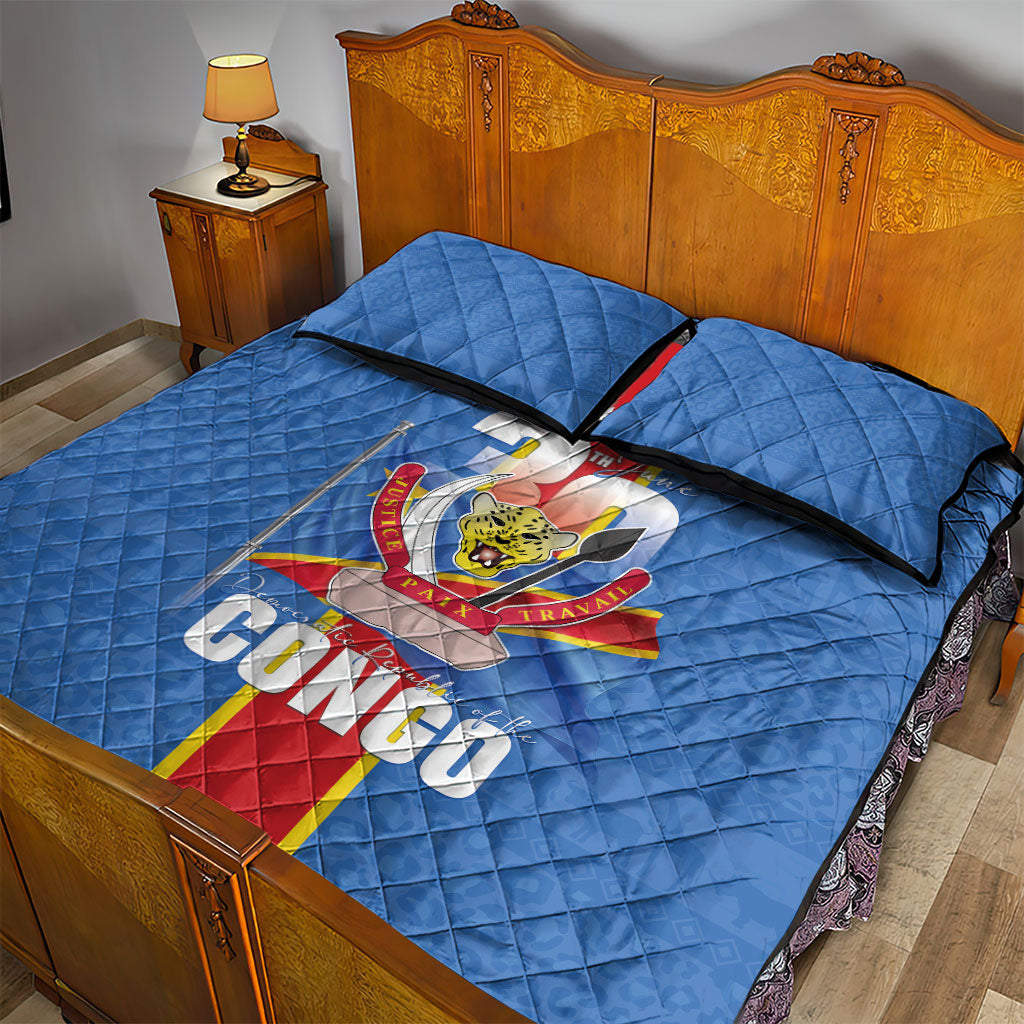 DR Congo Independence Day Quilt Bed Set Leopard Pattern With Coat Of Arms