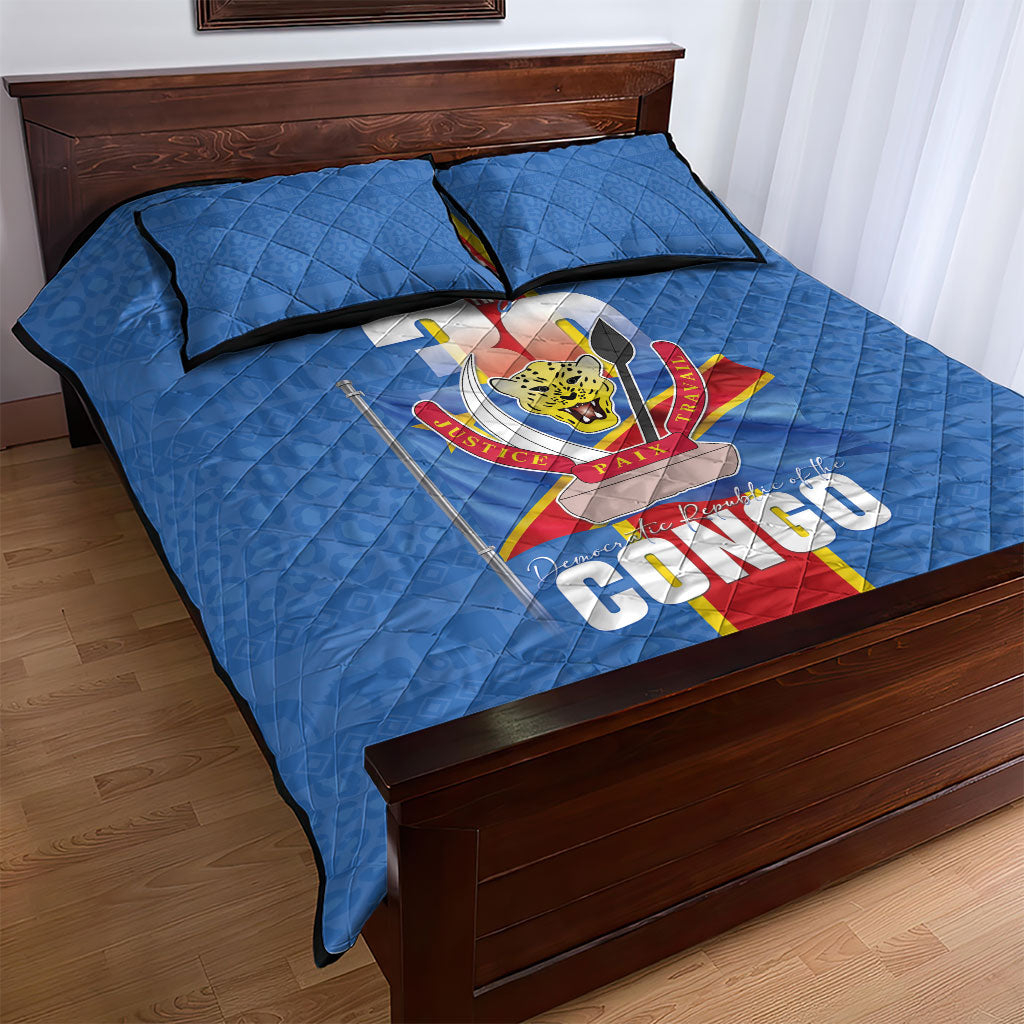 DR Congo Independence Day Quilt Bed Set Leopard Pattern With Coat Of Arms