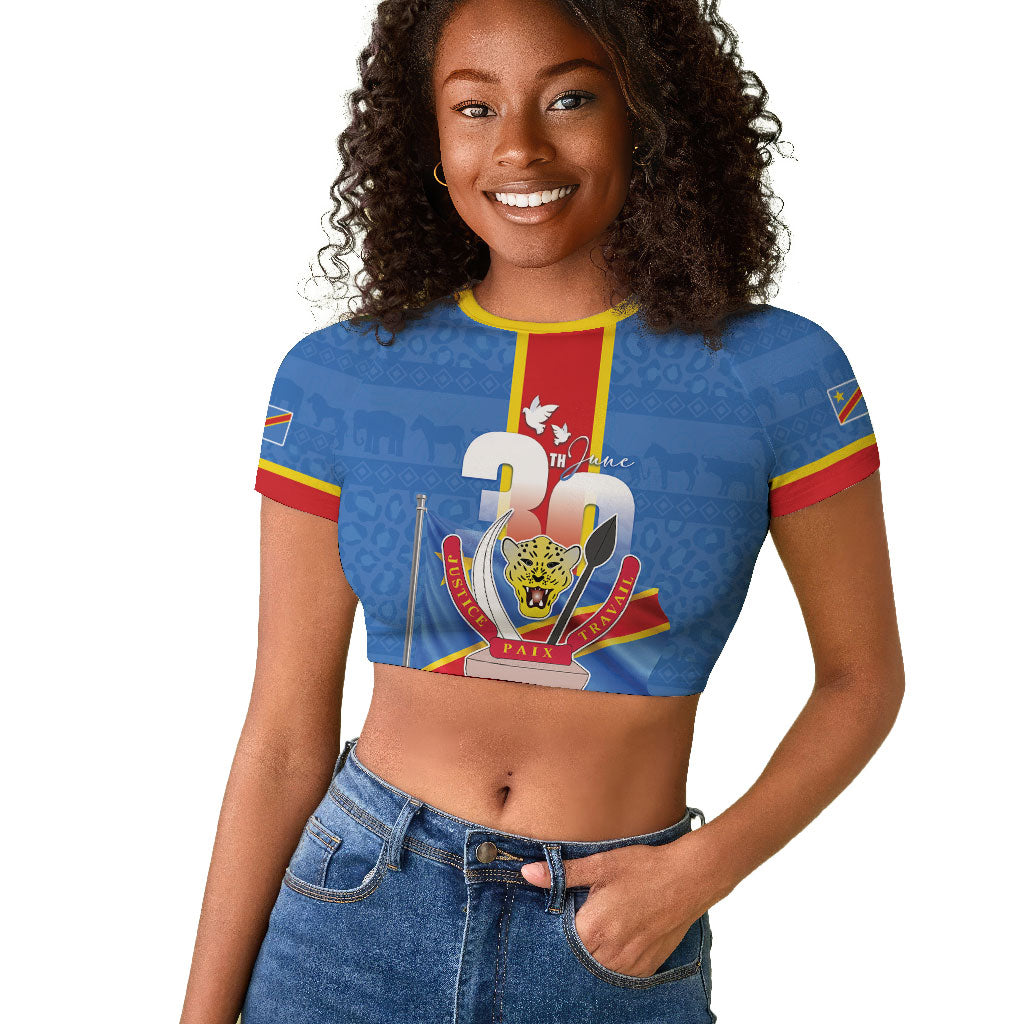 DR Congo Independence Day Raglan Cropped T shirt Leopard Pattern With Coat Of Arms