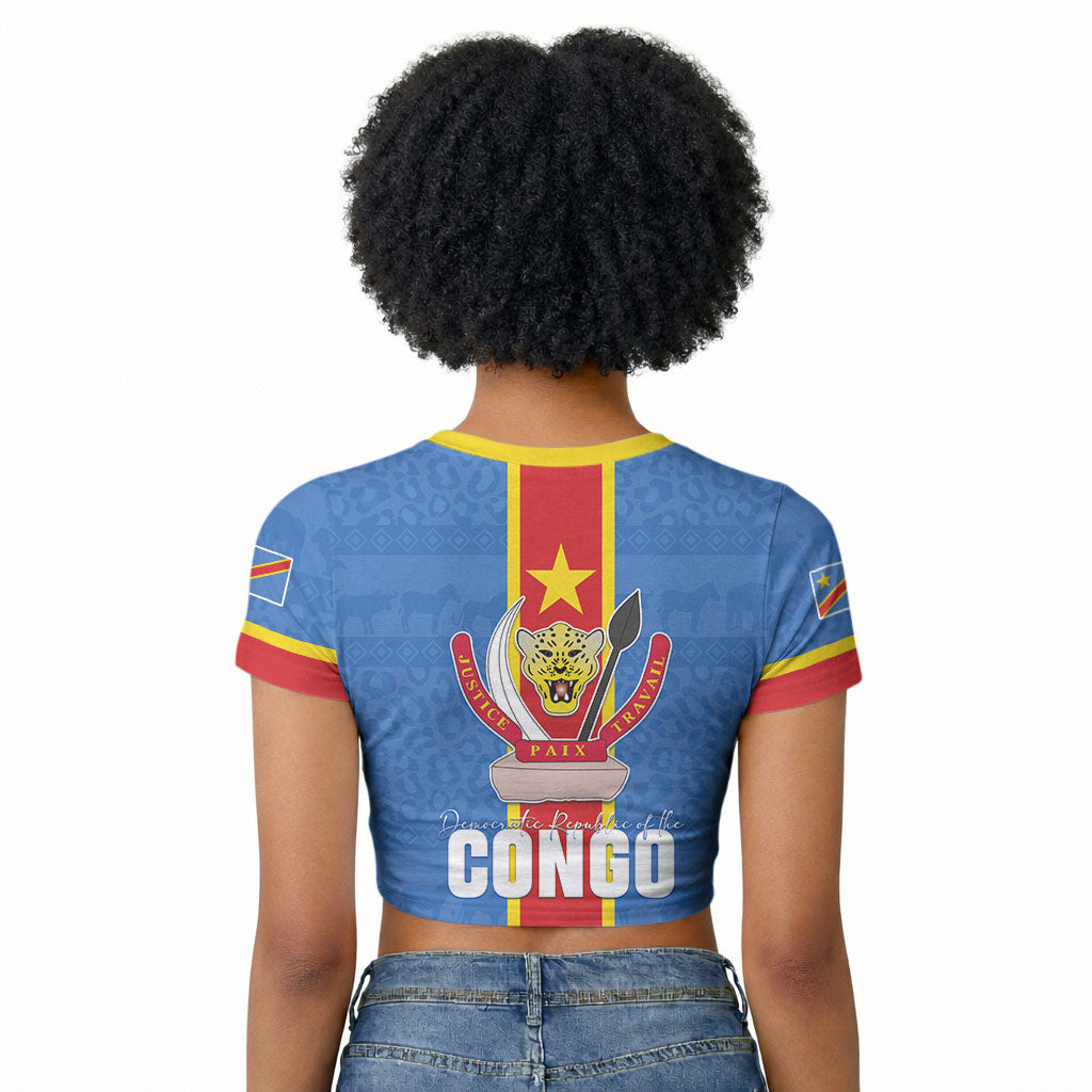 DR Congo Independence Day Raglan Cropped T shirt Leopard Pattern With Coat Of Arms
