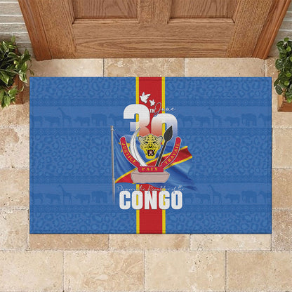 DR Congo Independence Day Rubber Doormat Leopard Pattern With Coat Of Arms