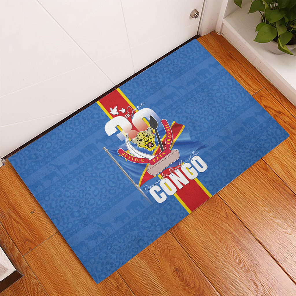 DR Congo Independence Day Rubber Doormat Leopard Pattern With Coat Of Arms