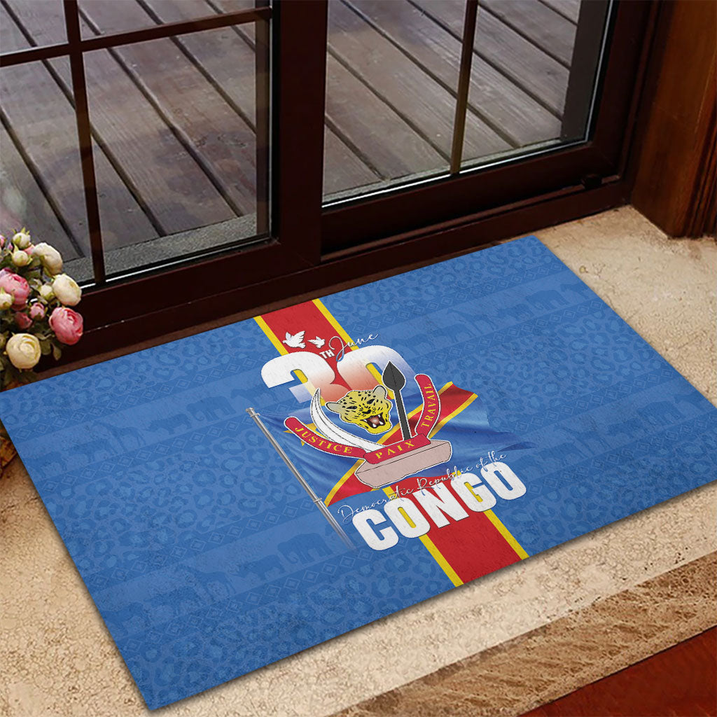 DR Congo Independence Day Rubber Doormat Leopard Pattern With Coat Of Arms