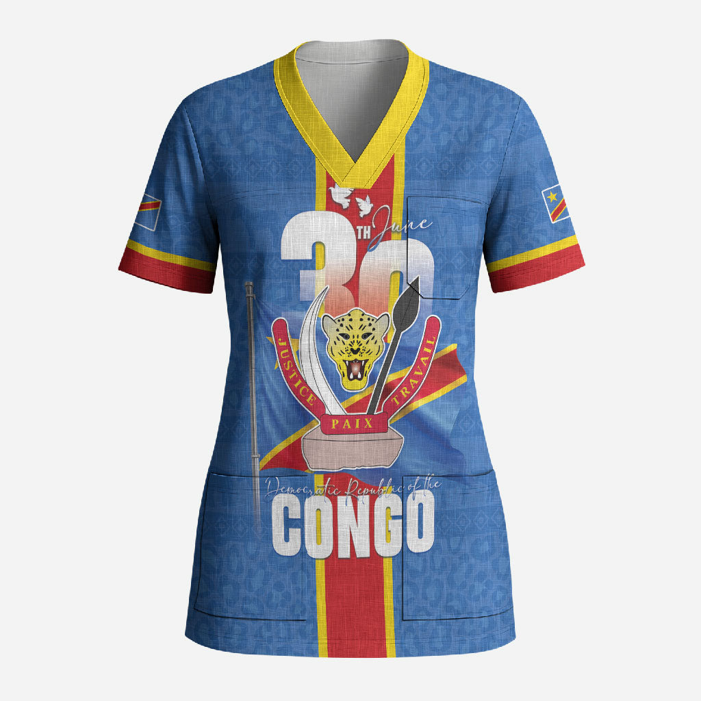 DR Congo Independence Day Scrub Top Leopard Pattern With Coat Of Arms