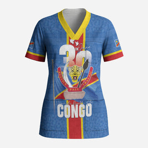 DR Congo Independence Day Scrub Top Leopard Pattern With Coat Of Arms