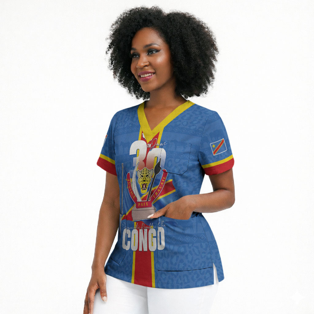 DR Congo Independence Day Scrub Top Leopard Pattern With Coat Of Arms