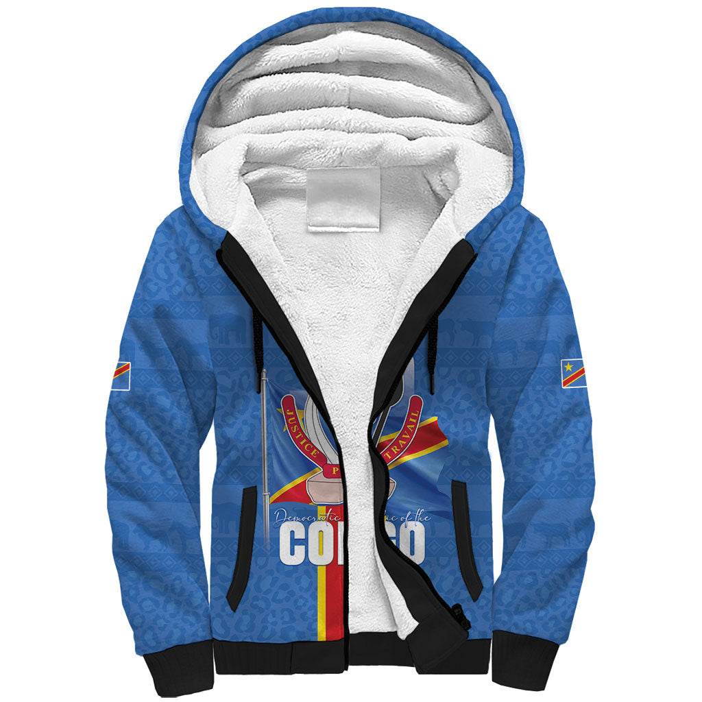 DR Congo Independence Day Sherpa Hoodie Leopard Pattern With Coat Of Arms