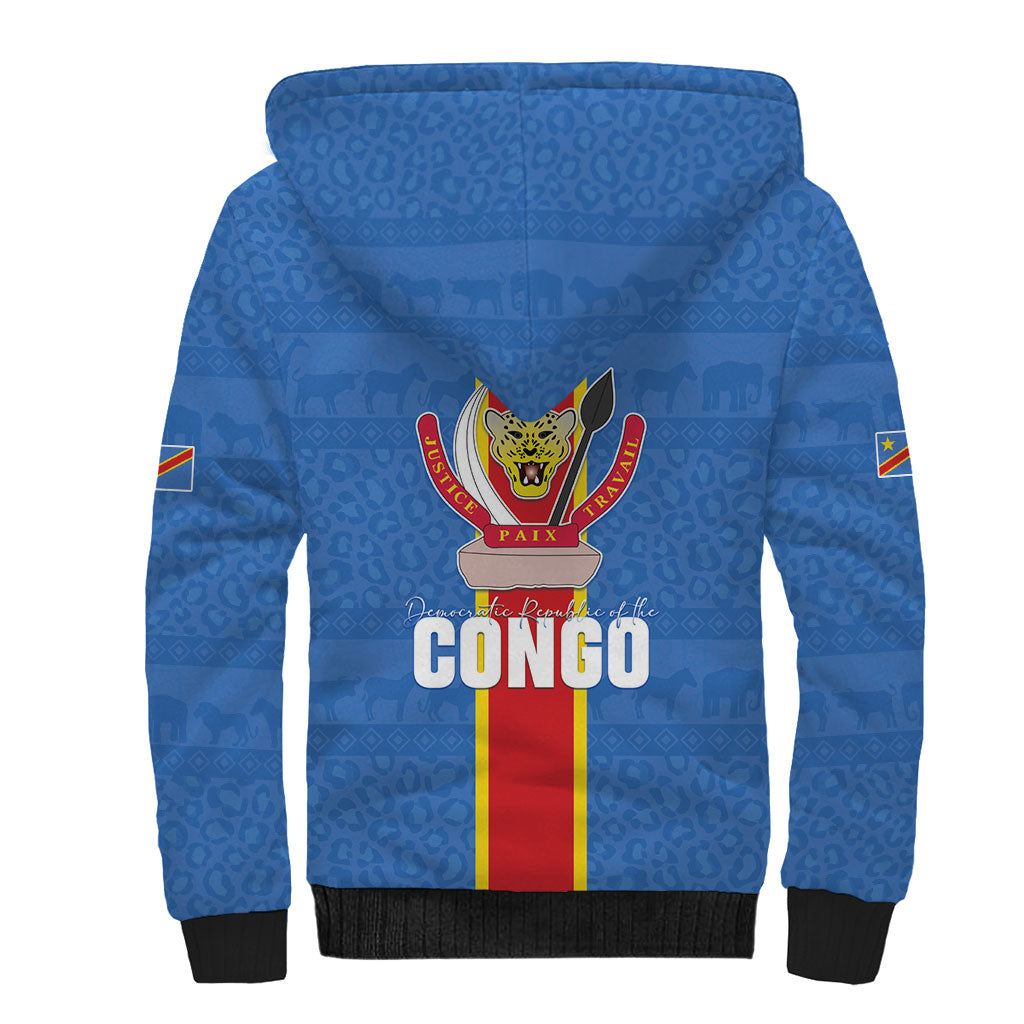 DR Congo Independence Day Sherpa Hoodie Leopard Pattern With Coat Of Arms