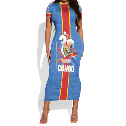 DR Congo Independence Day Short Sleeve Bodycon Dress Leopard Pattern With Coat Of Arms